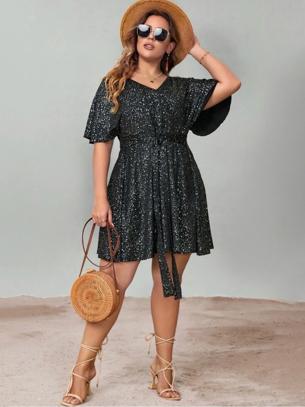 SHEIN Black Sequin V-Neck Tie-Waist Mini Dress